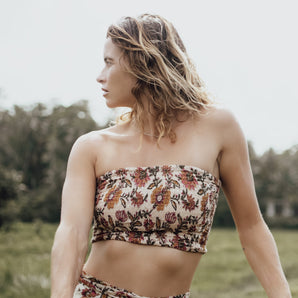 Beige Vintage Floral Bandeau Crop Top