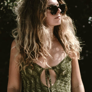 Tropical Green Sunset Zigzag Bandeau Ruffle Top