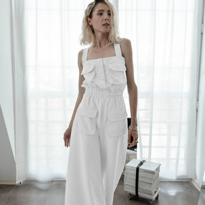 Made to measure white linen jumpsuit with cargo pockets and bareback - Custom Made - Bastet Noir