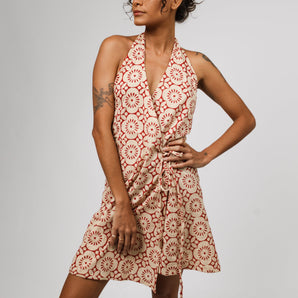 Geometric Bloom Cinnabar Mini Wrap Sun Dress