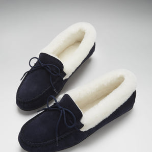 Women's slippers, sheepskin, navy blue suede