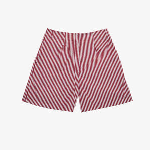 Women's A-Line Shorts in Cotton Berry Red Stripe. Saywood's Bessie A-Line Shorts, made in London, UK