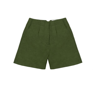 Women's olive green A-Line Shorts. Saywood's Bessie A-line Shorts in viscose linen and cotton olive green cloth, made in London, UK.