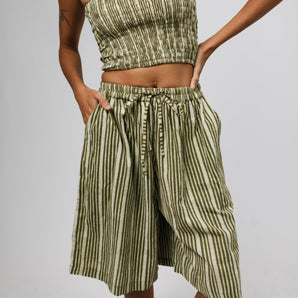 Earthy Olive Pinstripe Long Bermuda Shorts