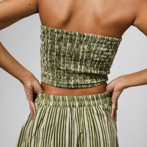 Earthy Olive Green Pinstripe Bandeau Crop Top