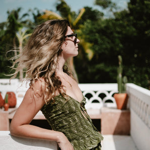 Tropical Green Sunset Zigzag Bandeau Ruffle Top