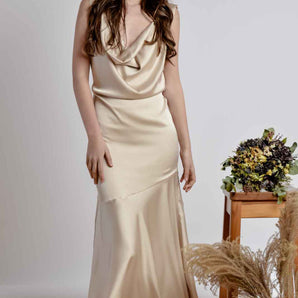 Champagne Satin Silk Bridesmaid Backless Maxi Dress - Custom Made - Bastet Noir 