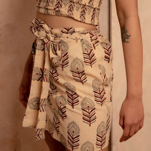 Beige Peacock Feather Wrap Skirt