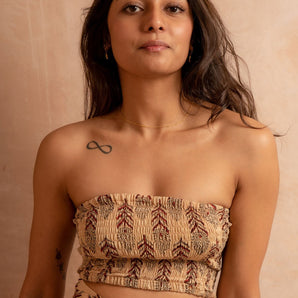 Beige Peacock Feather Bandeau Crop Top