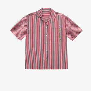Unisex Cuban Style Short Sleeve Shirt, Saywood Frances Unisex Cuban Shirt in Cotton Berry Red Stirpe, with embroidered flower on the patch pocket. Made in London, UK