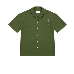 Unisex Olive Green Short Sleeve Cuban Shirt, with embroidered flower through chest pocket. Saywood Frances Unisex Cuban Shirt, made in London.