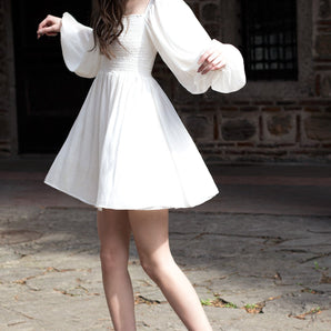 White linen smocking mini dress - Custom Made - BastetNoir