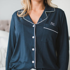 Piped Edge Bamboo Pyjama Set in Navy