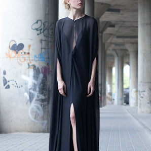 Black plunging neckline maxi wedding guest dress with front slit and transparent cape - Custom Made - Bastet Noir