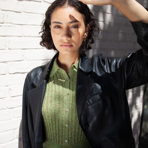 Close up of woman wearing Deadstock Leather Blazer #color_black