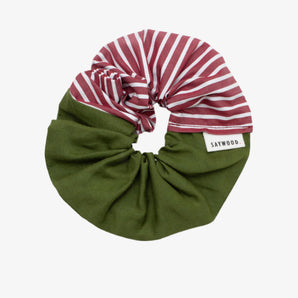 Patchwork Scrunchie, Olive Green & Berry Red Stripe