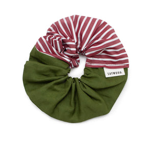 Patchwork Scrunchie, Olive Green & Berry Red Stripe