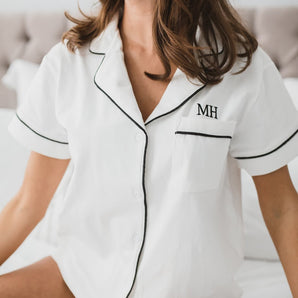 Piped Edge Bamboo Short Pyjama Set in White