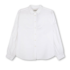 Womens white shirt with lace collar and volume sleeves, with soft gathering at the bust. Shirt is on a white background