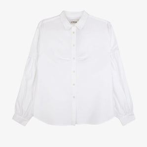 Womens white shirt with lace collar and volume sleeves, with soft gathering at the bust. Shirt is on a white background