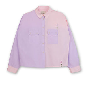 Colourblocked pink and lilac shirt with a boxy silhouette. Jules Shirt from Saywood with embroidered flower detail and utility style pockets.