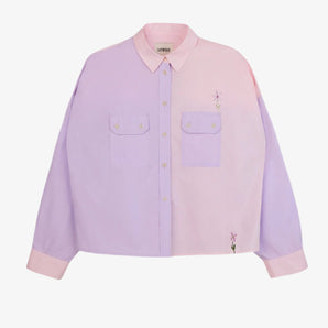 Colourblocked pink and lilac shirt with a boxy silhouette. Jules Shirt from Saywood with embroidered flower detail and utility style pockets.