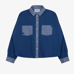 Womens Denim Shirt, boxy shirt in Japanese denim with lighter wash contrast collar, placket, cuffs and pockets. The Lela Shirt by Saywood.
