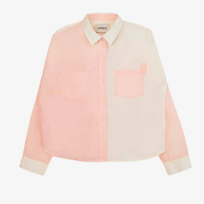 Womens patchwork colourblocked pastel shirt in orange and lemon, the Lela Shirt by Saywood. Boxy silhouette with patch pockets.