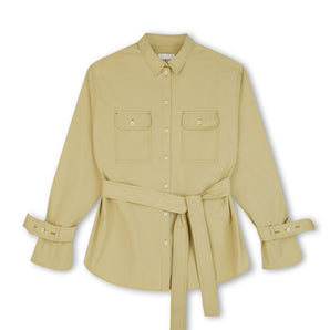 Womens Oversized Shirt in khaki olive, with detachable tie belt and safari styling details. Belted cuffs for sleeve details and utility patch pockets. Zadie Boyfriend Shirt by Saywood