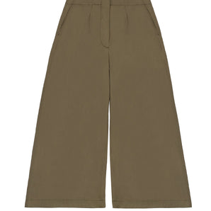 Womens wide leg culotte trouser in khaki cotton. Amelia Wide Leg Trouser by Saywood.