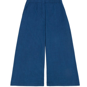 Womens wide leg culotte trouser in Japanese Denim. Amelia Wide Leg Trouser by Saywood. Natural indigo, cotton.