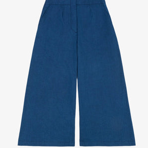 Womens wide leg culotte trouser in Japanese Denim. Amelia Wide Leg Trouser by Saywood. Natural indigo, cotton.