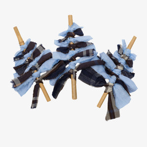 Christmas Tree decorations. Navy check and pale blue recycled cotton fabric Christmas tree with bamboo stem, handmade by Saywood. Sustainable Christmas Decoration.