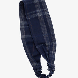 Navy plaid headband on a white background