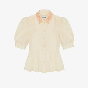 Womens pale yellow lace collar blouse with puff sleeves. Joni Blouse with soft orange lace trim collar, scalloped hem and soft darts at waist for a fit and flare shape, made in the UK. By Saywood.