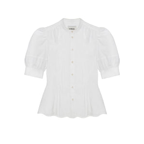 Womens white puff sleeve blouse, with scalloped hem and soft darts at the waist for fit and flare shaping. Joni Blouse with lace trim on grandad collar, made in the UK. By Saywood