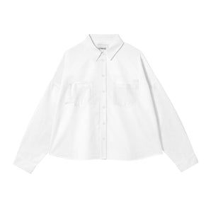 Women's white recycled cotton boxy shirt - The Lela Shirt, with patch pockets and cotton herringbone tape detail on the pocket corners. Made in the UK. By Saywood