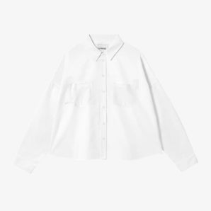 Women's white recycled cotton boxy shirt - The Lela Shirt, with patch pockets and cotton herringbone tape detail on the pocket corners. Made in the UK. By Saywood