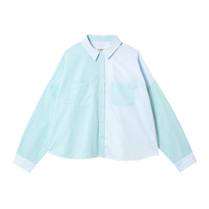 Women's pastel green and blue boxy cotton shirt - The Lela Shirt, colourblock panelled shirt with patch pockets and cotton herringbone tape detail on the pocket corners. Made in the UK. By Saywood