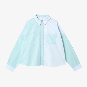 Women's pastel green and blue boxy cotton shirt - The Lela Shirt, colourblock panelled shirt with patch pockets and cotton herringbone tape detail on the pocket corners. Made in the UK. By Saywood