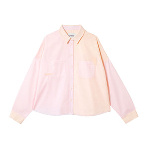 Women's pastel pink and orange boxy cotton shirt - The Lela Shirt, colourblock panelled shirt with patch pockets and cotton herringbone tape detail on the pocket corners. Made in the UK. By Saywood