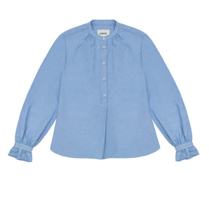 Womens Pale Blue Blouse, A-line shape with Gathered Neck and Frill cuffs. Marie Blouse by Saywood in pale blue recycled cotton