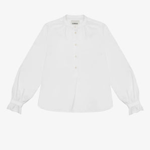 Womens White Blouse Recycled cotton. A-line silhouette with a gathered neck and frill cuffs. Marie Gather Neck Blouse by Saywood in white recycled cotton.