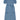 Womens denim puff sleeve dress in light wash Japanese denim, long line with side splits at the hem. Dress has patch pockets at the hip with ruffles at the bottom of the pockets, with a tied matching belt around the waist. Dress is on a white background.