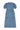 Womens denim puff sleeve dress in light wash Japanese denim, long line with side splits at the hem. Dress has patch pockets at the hip with ruffles at the bottom of the pockets, with a tied matching belt around the waist. Dress is on a white background.