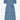 Womens denim puff sleeve dress in light wash Japanese denim, long line with side splits at the hem. Dress has patch pockets at the hip with ruffles at the bottom of the pockets, with a tied matching belt around the waist. Dress is on a white background.