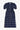 Women's navy check puff sleeve dress, long line with side splits at the hem. The Rosa Dress by Saywood has patch pockets at the hip with ruffles at the bottom of the pockets, with a tied matching belt around the waist. Dress is on a white background.