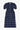 Women's navy check puff sleeve dress, long line with side splits at the hem. The Rosa Dress by Saywood has patch pockets at the hip with ruffles at the bottom of the pockets, with a tied matching belt around the waist. Dress is on a white background.