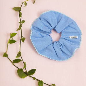 Scrunchie With Lace Trim, Zero Waste, Pale Blue Recycled Cotton