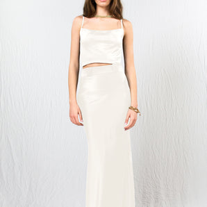 White High Waist Satin Silk Maxi Skirt and Satin Silk Crop Top - Custom Made - Bastet Noir